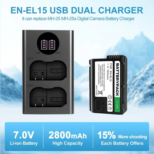 Miniatura 3 de EN-EL15 Batería de repuesto con cargador dual LCD - Batería de iones de litio de 2800 mAh para Nikon D850 D750 Z6II Z7II Z5 D500 D7500 D800 Z8 Zf