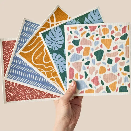 Miniatura 20 de RECYCO Paños suecos para cocina Paquete de 5 trapos geométricos lavables Toallas de papel de limpieza reutilizables de celulosa Paño