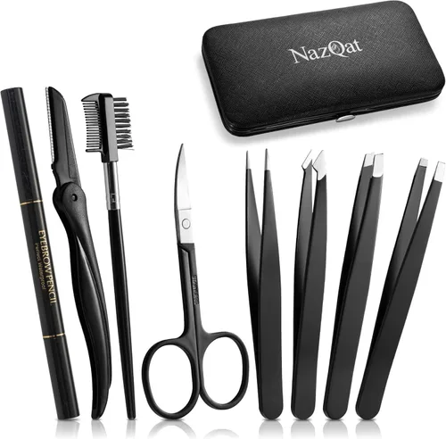 Exquisito kit de cejas 8 en 1 para mujeres y hombres – Kit de aseo de cejas de lujo con 4 pinzas de precisión para cejas, maquinilla de afeitar,