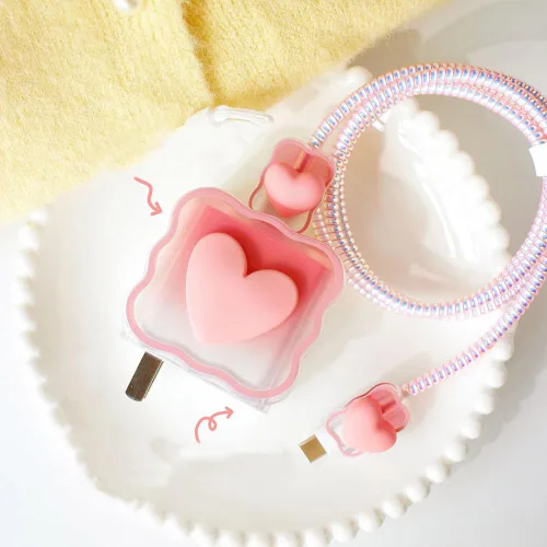 Miniatura 4 de Waves - Cable de datos con forma de corazón rosa de 18 W, 20 W, protector de cargador USB, protector de cable para auriculares, compatible