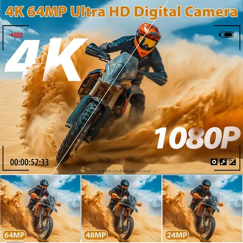 Miniatura 2 de Cámara Digital 4K para Fotografía, Cámara de Vlogging 4K 64MP para YouTube con Pantalla Abatible de 180° de 3", Cámara WiFi Compacta con Zoom Negro