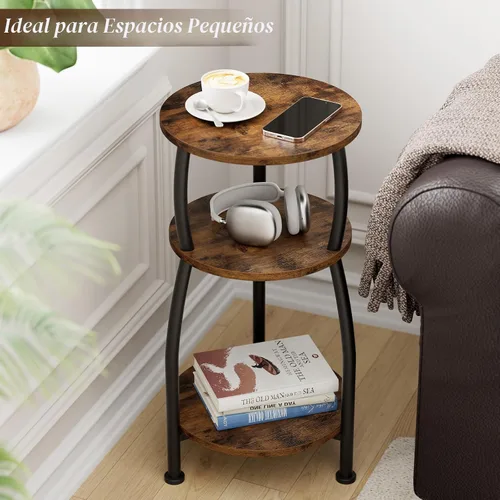 Miniatura 4 de Mesa auxiliar redonda pequeña, mesa auxiliar de 3 niveles con estante de almacenamiento, mesa de sofá delgada, mesa de café, mesita de noche Marrón