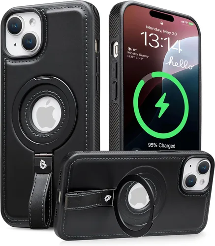 Miniatura 30 de Butaiga - Funda para iPhone 12 Pro Max con correa de cuero, soporte de anillo, color negro Finger Loop, Relieve Smartphone Pinky Strain