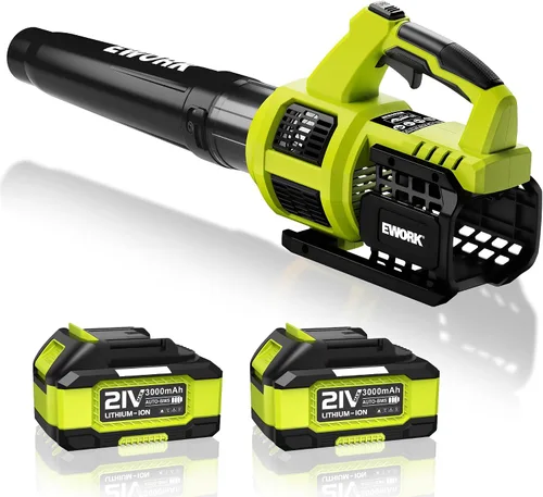 EWORK Soplador de hojas inalámbrico de 21 V, potente modo turbo y 550 CFM, baterías de 2×3.0Ah y cargador rápido, sopladores eléctricos ligeros para