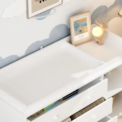 Miniatura 5 de Cómoda de guardería con mesa cambiadora para bebé, mesas cambiadoras de pañales para guardería con 5 cajones y estantes, estación cambiadora