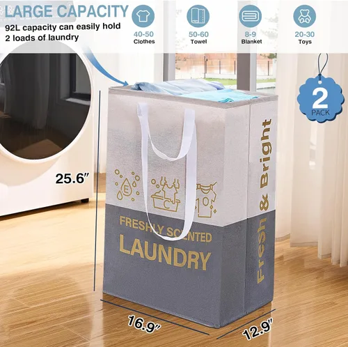 Miniatura 3 de Paquete de 2 cestas de lavandería de 92 litros con asas, impermeable, plegable, para dormitorio, cuarto de baño