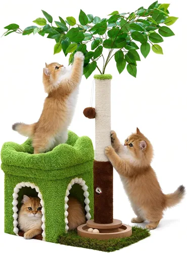 Woochpet Árbol pequeño para gatos con poste rascador y pista de bolas, torre verde para gatos con hojas realistas para gatitos y gatos pequeños,