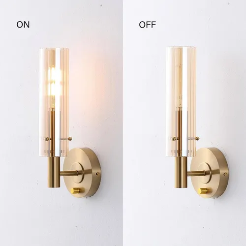 Miniatura 6 de BYOLIIMA Apliques de pared modernos con pantallas de vidrio ámbar a rayas, latón cepillado dorado, lámparas de tocador de baño, interruptor