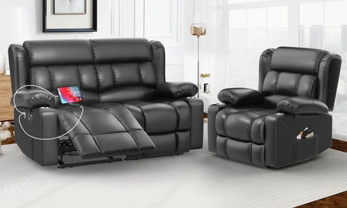 Miniatura 29 de Juego de Sofá Reclinable de Dos Plazas con 2+1 Piezas, Sillón Reclinable Minimalista de 2 Plazas con Pestaña de Tirón Manual, Tela con Puertos