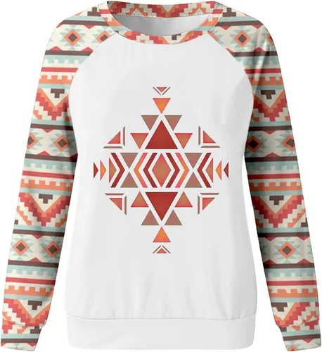 Miniatura 3 de Womens Fall Shirts Pullover Tops Casual Round Neck Aztec Printed Raglan Long Sleeve Sweatshirt Loose Graphic Tees