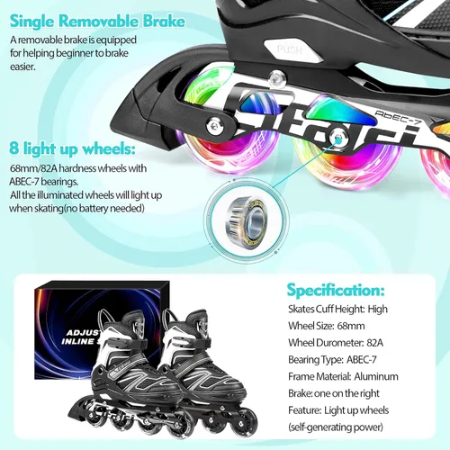 Miniatura 5 de Patines en línea para niños y adultos, cuchillas ajustables para adultos, mujeres, hombres, niñas y niños con ruedas iluminadas, perfectos