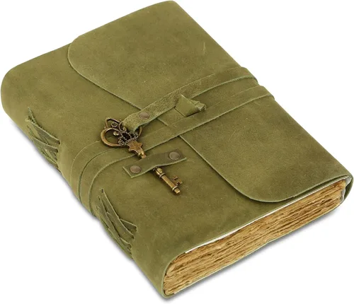 Miniatura 9 de Diario de cuero con papel de borde picoteado de 17,78x12,7 cm y llave vintage Cuaderno de escritura hecho a mano Cuaderno diario encuadernado