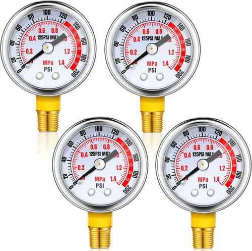 Xuhal 4 Piezas Medidor de Presión de Aire 0-200 PSI - Conexión NPT Macho de 1/8'', Montaje Lateral Inferior, Medidor de Compresor de Aire con Esfera