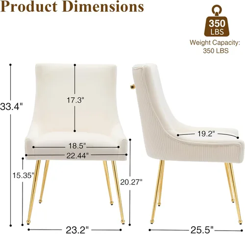 Miniatura 3 de adochr Juego de 2 sillas de comedor modernas con patas de metal dorado, silla de cocina tapizada de terciopelo, respaldo plisado, silla decorativa