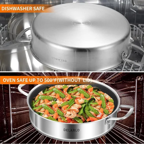 Miniatura 6 de DELARLO Sartén de tres capas de acero inoxidable de 10 pulgadas Sartén de freír profunda de 3QT con tapa Sartén de saltear con tapa Compatible