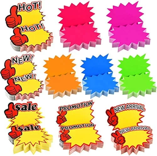 Miniatura 8 de 500 letreros fluorescentes en blanco con forma de estrella para venta al por menor, letreros de papel para recuerdos de fiesta minorista