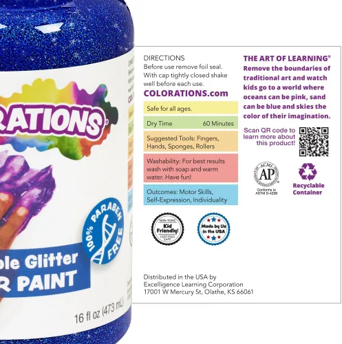 Miniatura 6 de Colorations Pintura de Glitter Lavable Azul, 16oz - Gran Experiencia Sensorial para Niños Pequeños y Bebés, No Tóxica