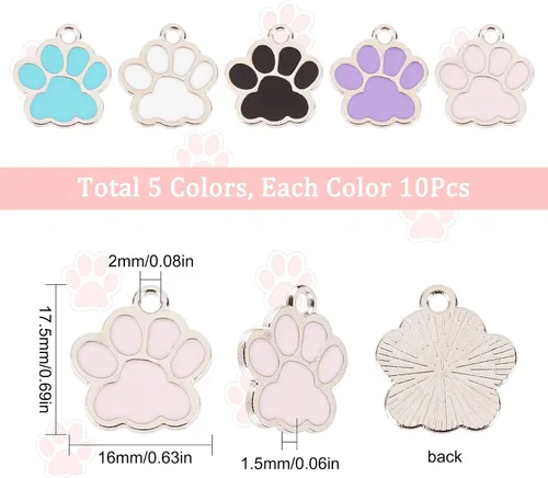 Miniatura 2 de SUNNYCLUE 1 caja de 50 dijes de pata a granel, dijes esmaltados de perro y cachorro, huella de gato, animales, negro, blanco, rosa, para hacer