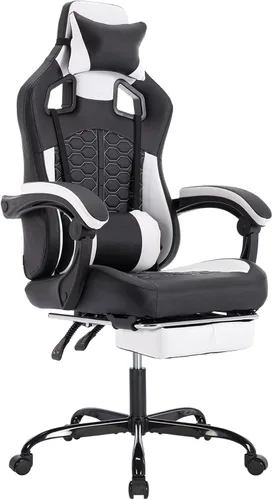 Silla ergonómica para juegos estilo carreras, silla de jugador de respaldo alto con reposapiés, lumbar ajustable, masaje, reposabrazos de enlace y