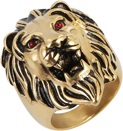 Miniatura 3 de HZMAN Anillo vintage de acero inoxidable 316L para hombre, diseño de león, ojos rojos, metal pesado, rock, estilo punk, gótico, plateado, dorado