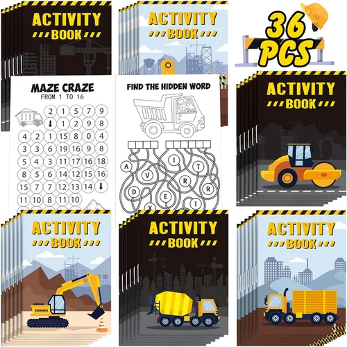 Sinmoe Juego de 36 libros de actividades para fiestas infantiles, incluye camiones de construcción: camiones volquete, excavadoras, grúas, tractores