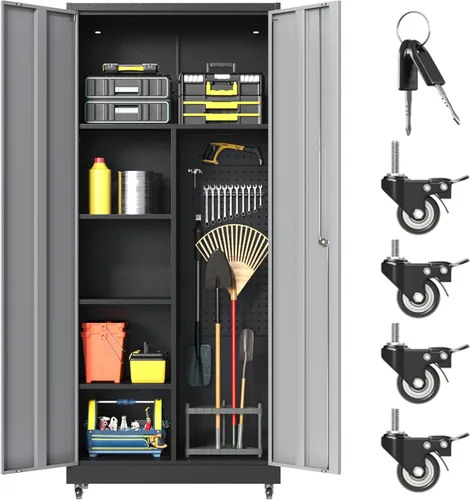 Miniatura 22 de Armario de Almacenamiento de Metal para Garaje con Ruedas, Armario para Escobas con Cerradura con Estantes Ajustables, Gabinete de Herramientas