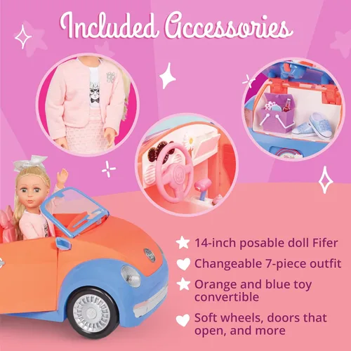 Miniatura 4 de Glitter Girls Paquete de muñeca y vehículo de 14 pulgadas - Cabello rubio y ojos verdes - Coche azul y naranja - Maletero y soportes para cupcakes
