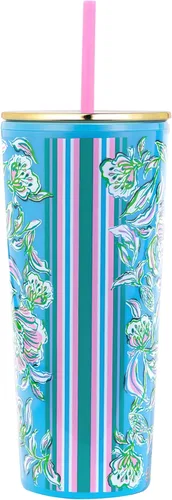 Miniatura 6 de Lilly Pulitzer Vaso de doble pared con tapa y popote reutilizable, vaso de plástico azul, vaso de viaje aislado con capacidad para 24 onzas, Shells
