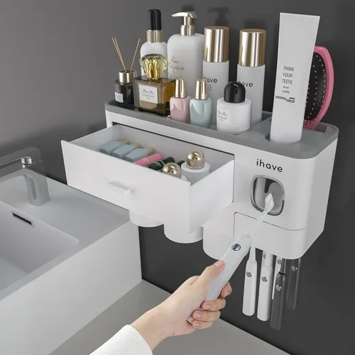 Miniatura 4 de iHave Portacepillos de dientes para baños, 3 tazas, soporte para cepillos de dientes montado en la pared con dispensador de pasta de dientes, Negro