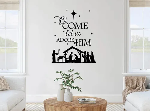 Miniatura 3 de Vinilo adhesivo de pared con texto en inglés "Come Let Us Adore Him with Nativity", para sala de estar, dormitorio, Navidad, versículo bíblico, Negro