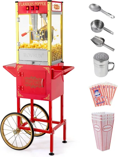 Máquina de palomitas ROVSUN con carro, ruedas y hervidor de 8 oz, hace hasta 32 tazas, certificada ETL, máquina de palomitas con cuchara de acero