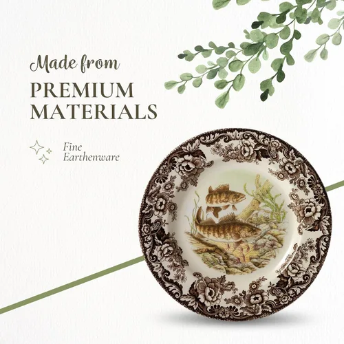 Miniatura 4 de Spode Woodland - Plato de ensalada de porcelana fina, diseño de lucioperca con borde floral marrón, vajilla clásica de campo inglés para cenas