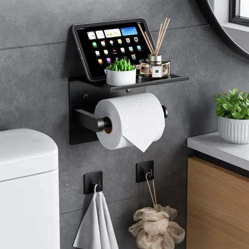 Miniatura 2 de Tindbea Soporte de Papel Higiénico de Tamaño Mega con Estante + Ganchos para Toallas y Batas, Soporte para Rollo de Papel Higiénico Montado en Pared