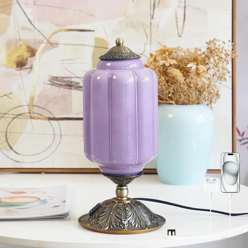 Miniatura 13 de Lámpara de mesa vintage de vidrio de leche con control táctil, elegante lámpara de noche de vidrio blanco regulable de 3 vías con puertos de carga