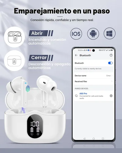 Miniatura 6 de Auriculares inalámbricos, Bluetooth 5.4, estéreo de bajos, auriculares con micrófono con cancelación de ruido, pantalla LED en el oído, llamadas