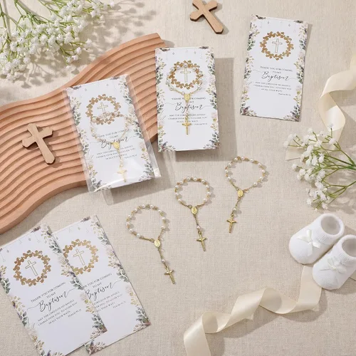 Miniatura 5 de Tondiamo 12 juegos de mini rosarios para bautismo, rosario, regalos de bautismo para invitados con tarjetas de agradecimiento y bolsas para bautizo