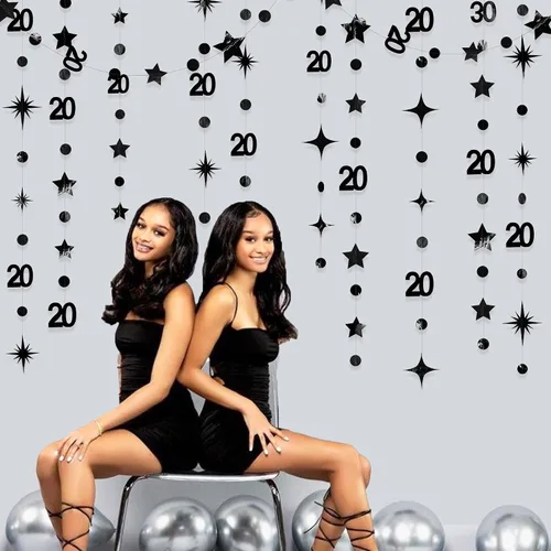 Miniatura 4 de Decoraciones negras de 20 cumpleaños número 20 círculo estrella metálica colgante serpentina telón de fondo para mujeres y hombres saludos a 20 años