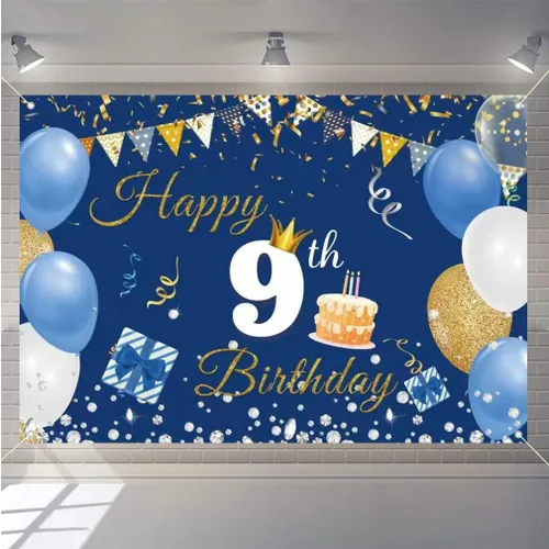 Decoraciones de 9º cumpleaños para niños y niñas, cartel de telón de fondo de feliz cumpleaños 9 años, cartel de tela con texto en inglés "Happy 9