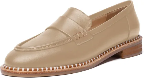 FOGEENA Mocasines de cuero mate para mujer, estilo casual, sin cordones, punta redonda, tacón bajo grueso, zapatos de vestir de 1 pulgada