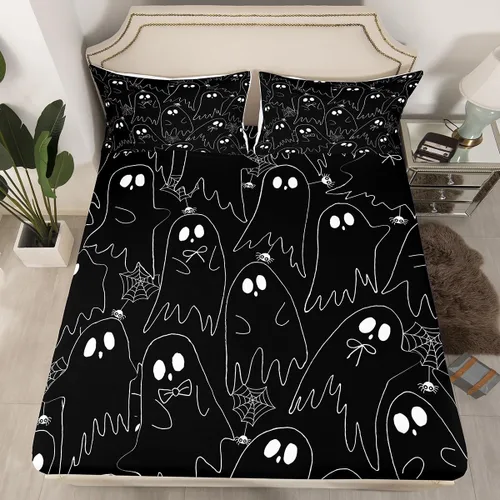Miniatura 4 de Feelyou Juego de sábanas de fantasma negro para niños y niñas, tamaño individual, juego de sábanas de fantasma de calavera para niños, mujeres