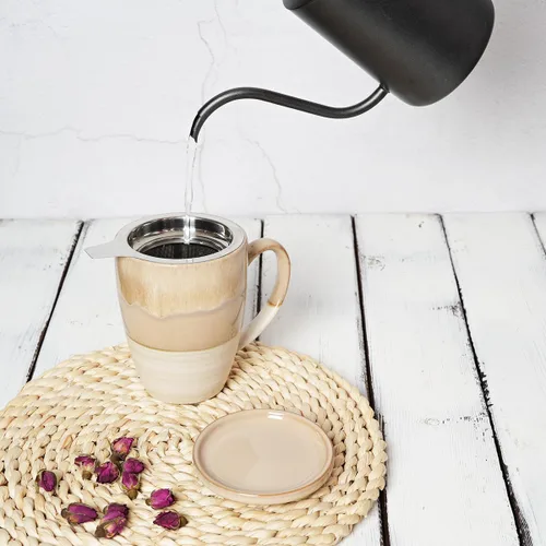 Miniatura 5 de Bosmarlin Taza de té de cerámica con infusor y tapa, 13.5 onzas, 5 colores a elegir, apta para lavavajillas y microondas, esmalte reactivo, taza