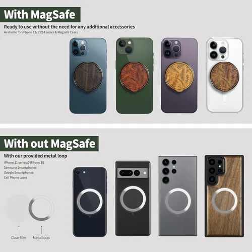 Miniatura 5 de Carveit Soporte magnético ajustable para teléfono con diseño de madera real para accesorios MagSafe, soporte de anillo de soporte de metal