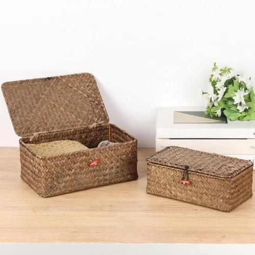 Miniatura 2 de Moosky Cestas de mimbre con tapa, cesta tejida a mano de pastos marinos para cestas de almacenamiento, cajas de regalo rectangulares para el hogar
