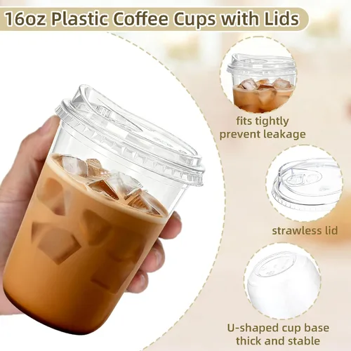 Miniatura 4 de Paquete de 50 vasos de plástico transparente con tapas para sorber – Tazas de café helado de 16 onzas con tapas sin pajilla, desechables de fondo