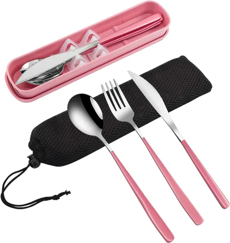 Miniatura 11 de VANRA Juego de utensilios de viaje portátiles de 3 piezas con estuche, juego de cubiertos de acero inoxidable 18/8, juego de cubiertos reutilizables