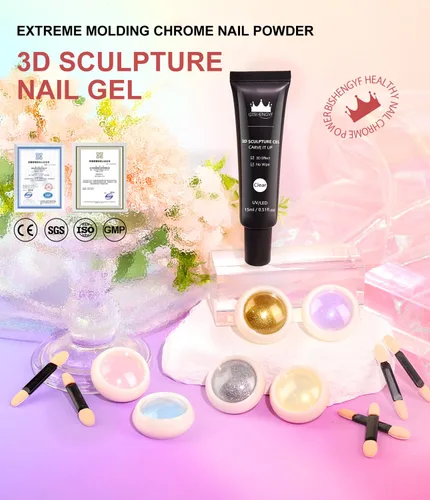 Miniatura 3 de Kit de gel de uñas 3D y polvo de uñas cromado BISHENGYF: 0.53 oz No Wipe Gel de Escultura 3D Aurora Rosa Azul Oro Cromo Polvo de uñas con pegamento