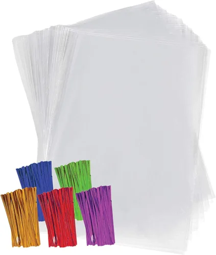 Purple Q Crafts - Bolsas de celofán de plástico transparente con lazos de torsión de 4 pulgadas, coloreados para regalo o uso en fiestas (9 x 12