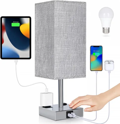 Miniatura 16 de Lámpara de mesita de noche con puertos USB - Lámpara de mesa con control táctil para dormitorio con puertos de carga USB C+A y tomas de corriente