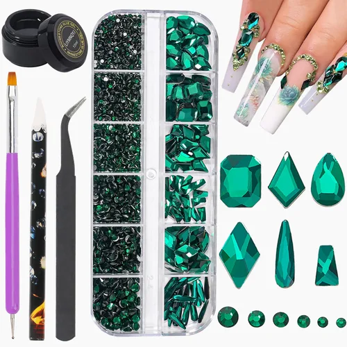 Miniatura 7 de Kit de diamantes de imitación para uñas, 1500 piezas de diamantes de imitación redondos con parte trasera plana, gemas de uñas AB multiformas, 0.3