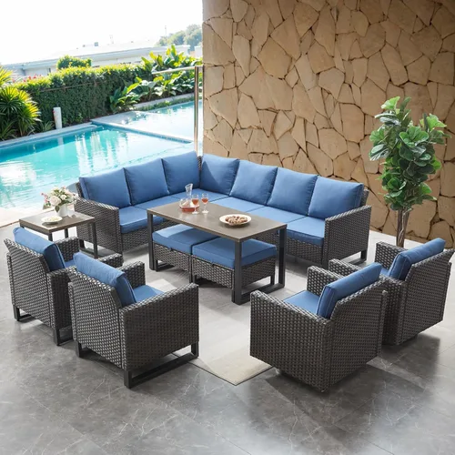 Miniatura 83 de HUMMUH Juego de 2 sillas giratorias para patio, mimbre de polietileno, para exteriores, bistró, porche, balcón, muebles con cojines Gris/gris